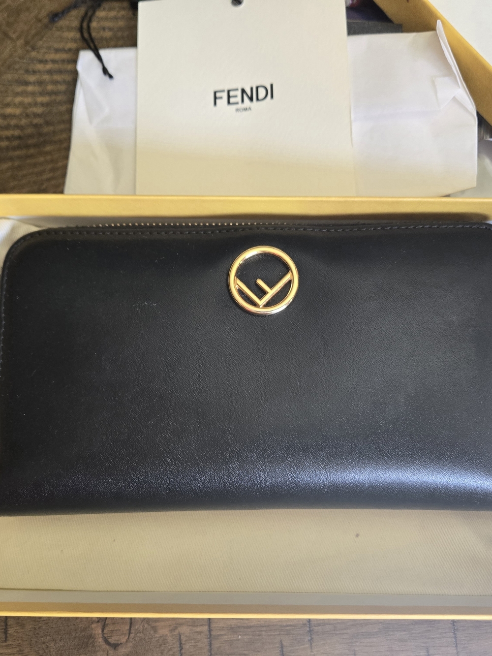 AUTHENTIC FENDI Black Leather Zip Wallet with Gold Logo